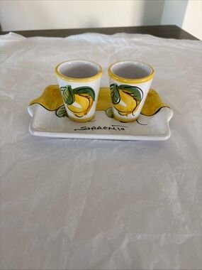 Hand painted Limoncello Ceramic Shot Glasses Set of 2  With Tray Made In Italy